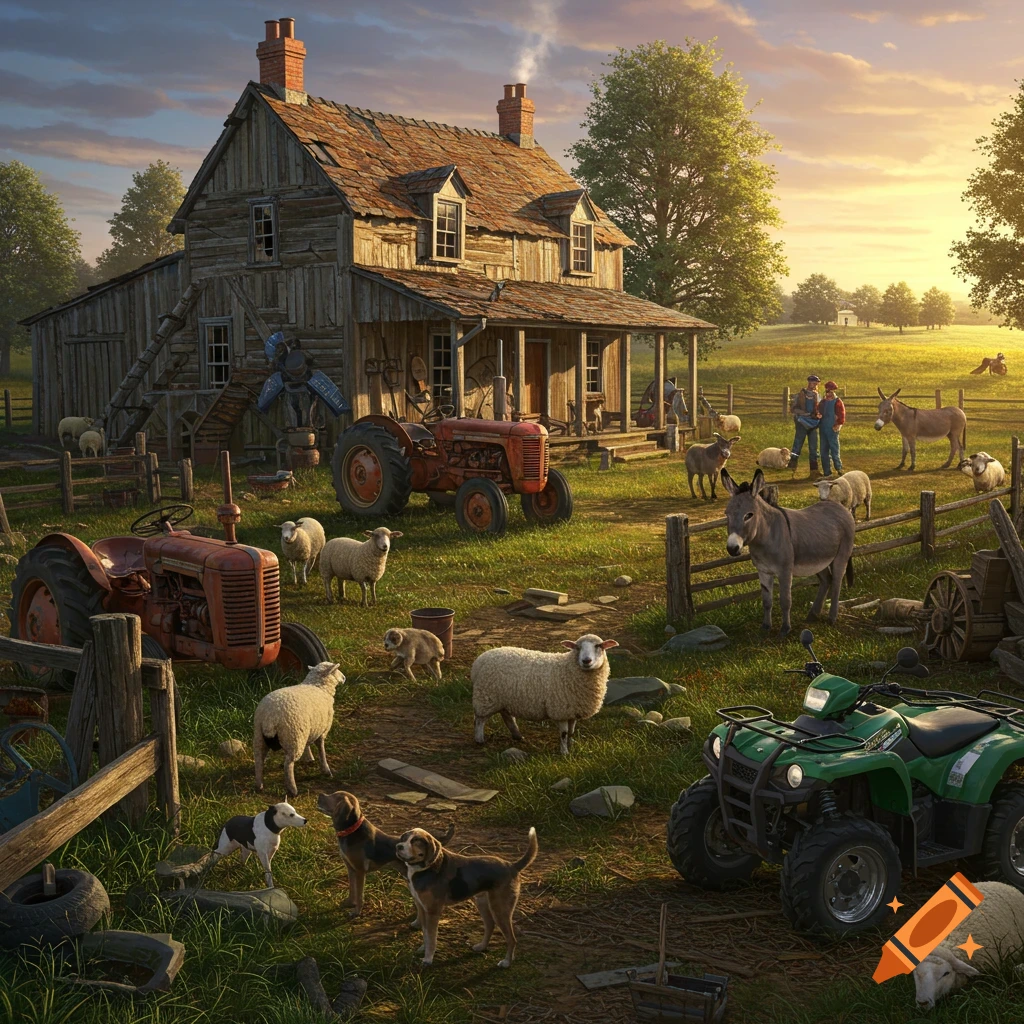 A detailed, photorealistic farm scene at sunset with an old farmhouse, red tractors, a green ATV, sheep, donkeys, and dogs.