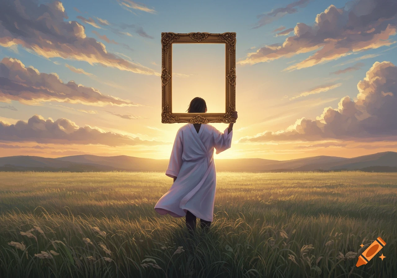 A person in a white robe holds an ornate empty frame in a golden grassy field, silhouetted against a vibrant sunset.