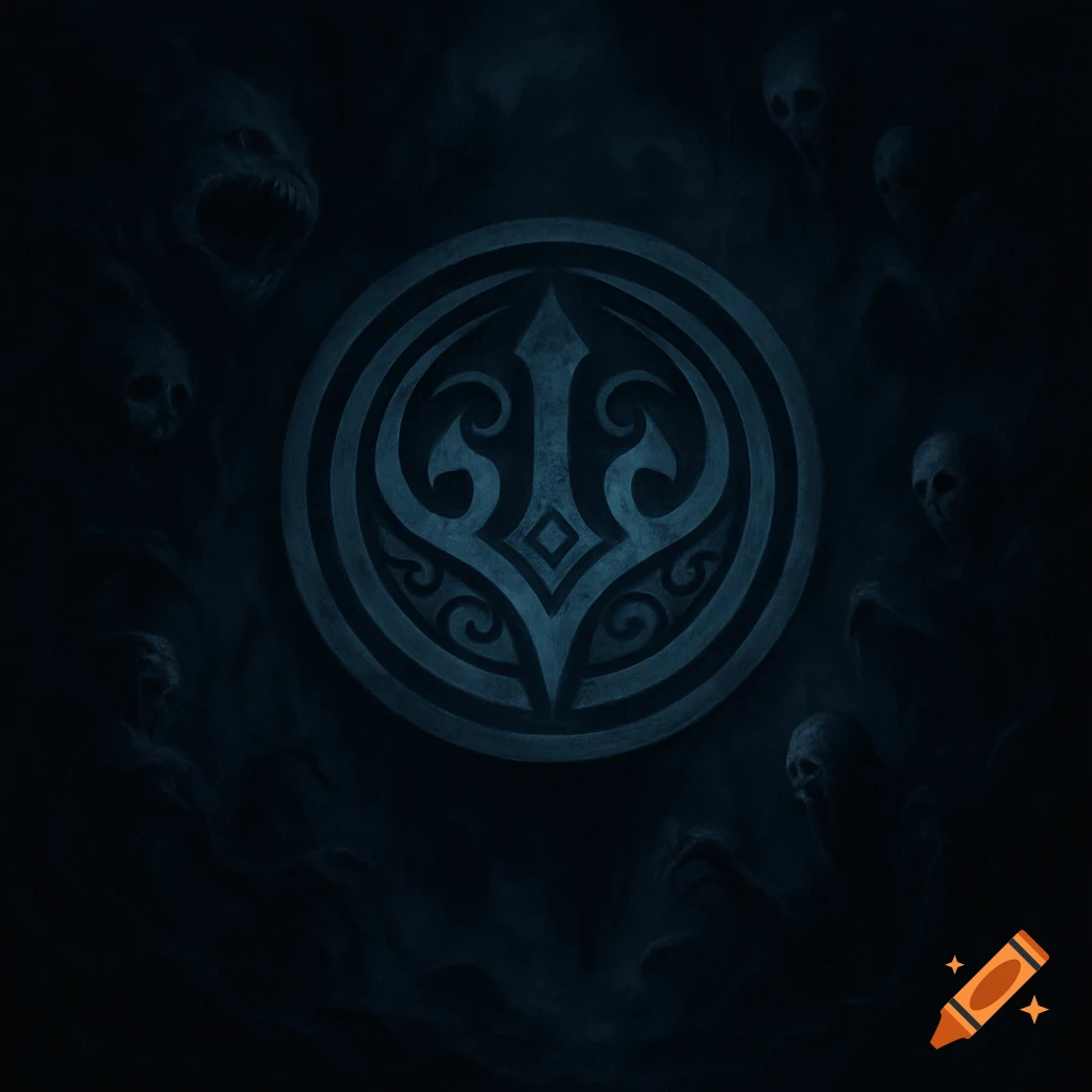 Dark blue stylized emblem encircled by shadowy, screaming figures on a black background, evoking horror.