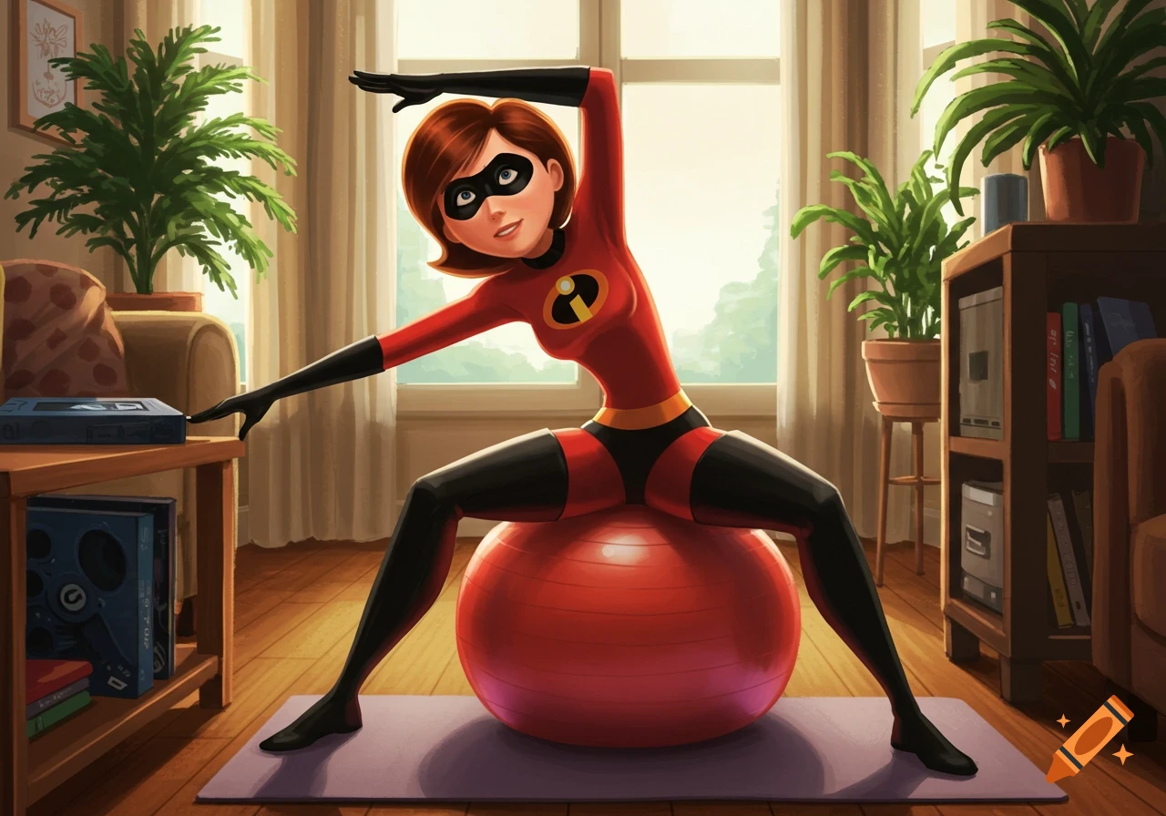 Elastigirl in her red and black superhero suit sits on a red exercise ball, stretching in a brightly lit room.