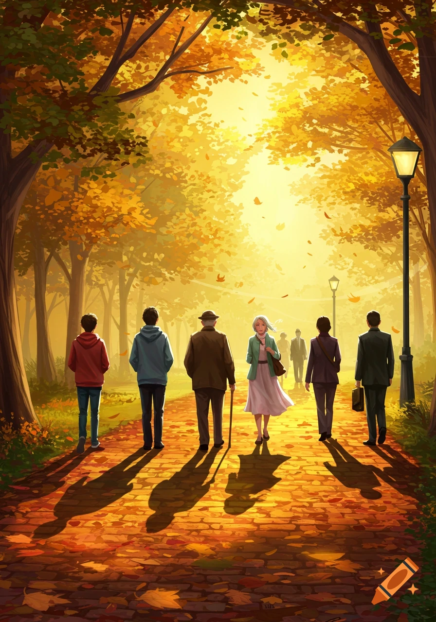 Stylized illustration of several people walking down a sunlit autumn path lined with golden-leafed trees.