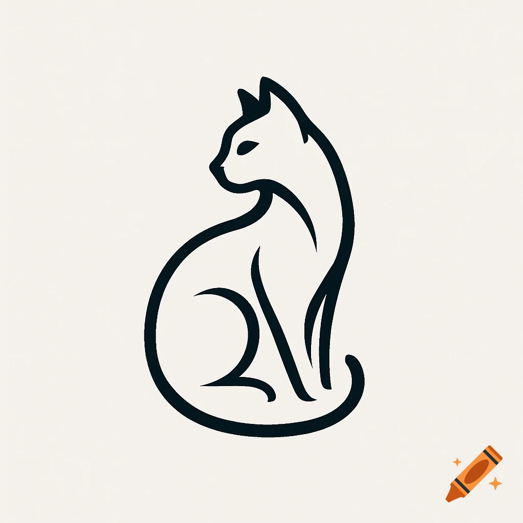 Minimalist black line art logo of a sitting cat looking over its shoulder on a light background.