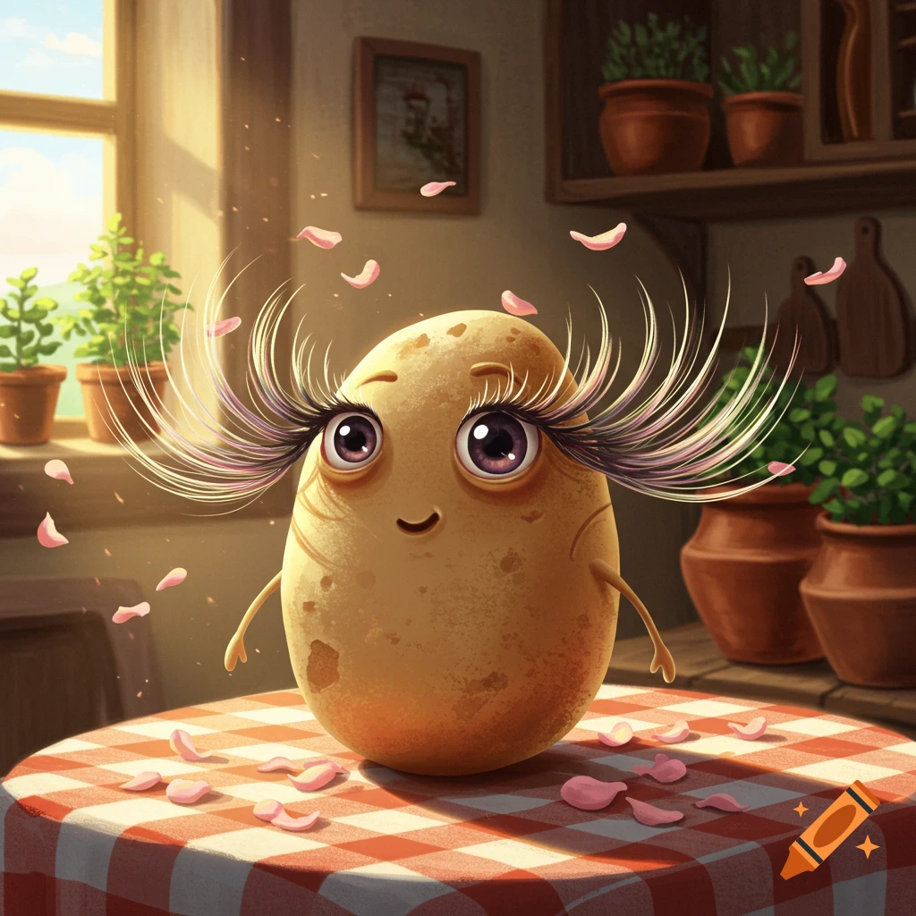 A cute, anthropomorphic potato with dramatic eyelashes stands on a checkered tablecloth in a sunlit kitchen, surrounded by pink petals.