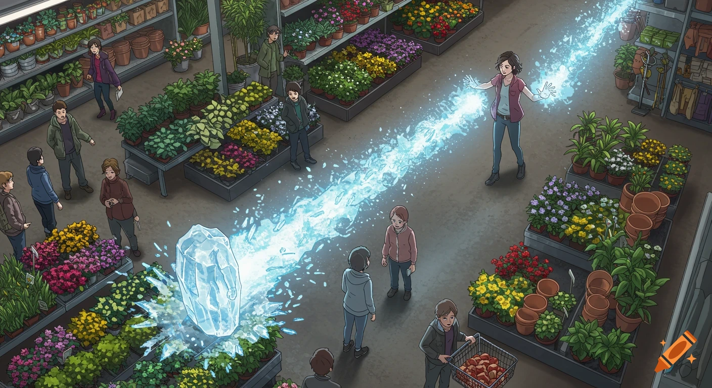 A cartoon woman with ice powers shoots rays, freezing a person in an ice block in a bustling plant store.
