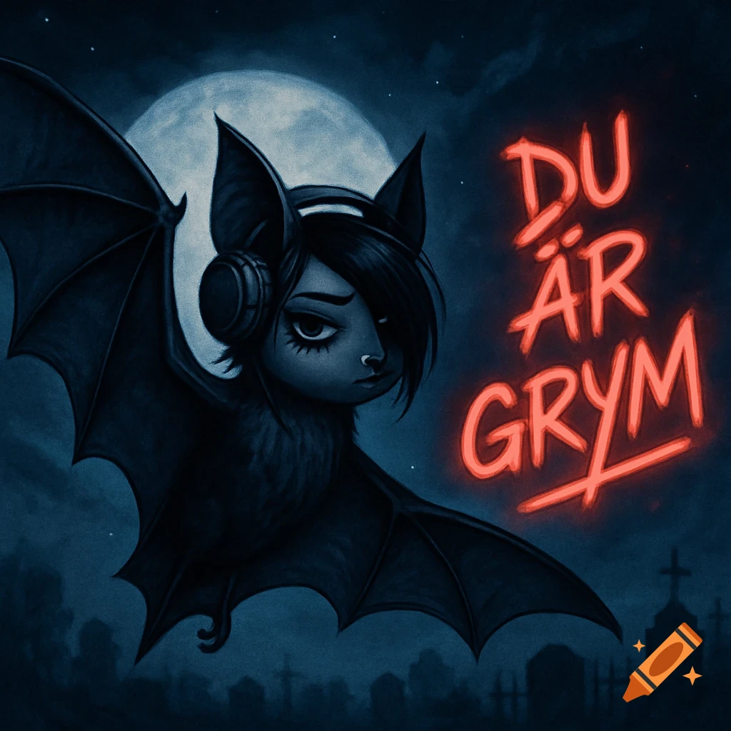 A dark stylized illustration of an emo bat with headphones floating over a graveyard, with glowing red text 'DU ÄR GRYM'.