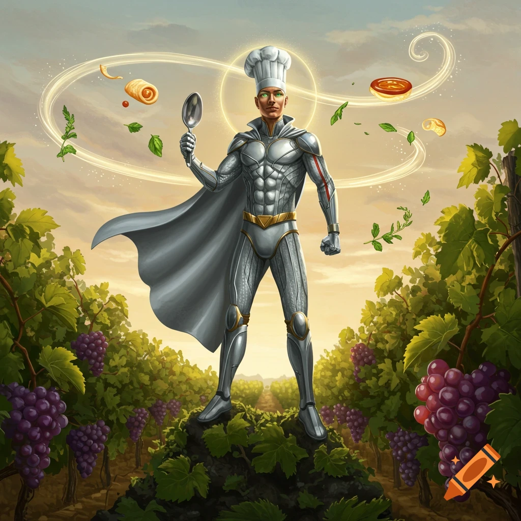 A superhero in a silver suit and chef's hat stands in a vineyard, holding a spoon, with floating food and glowing energy around him.
