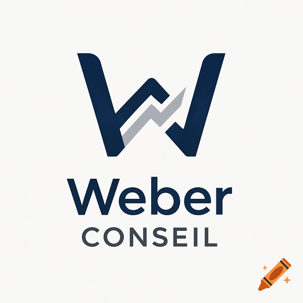 Minimalist professional logo for Weber Conseil, featuring a stylized blue 'W' with a gray growth graph, on a white background.