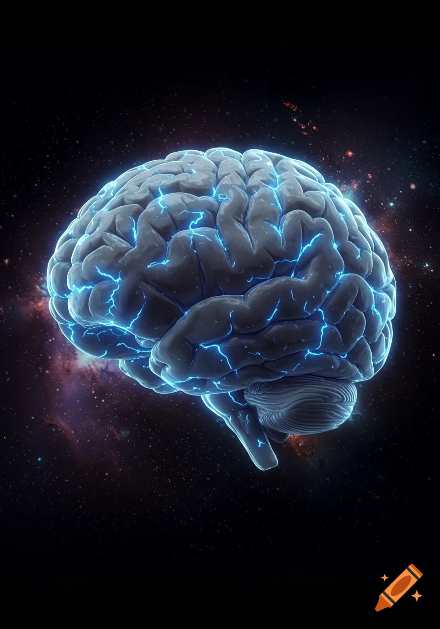 A stylized human brain with bright blue lightning patterns against a dark, starry cosmic background.
