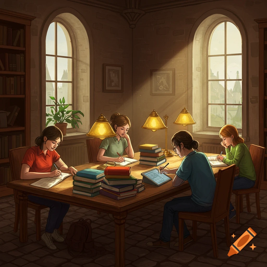 Four students diligently study around a large wooden table piled with books in a sunlit library, digital art style.