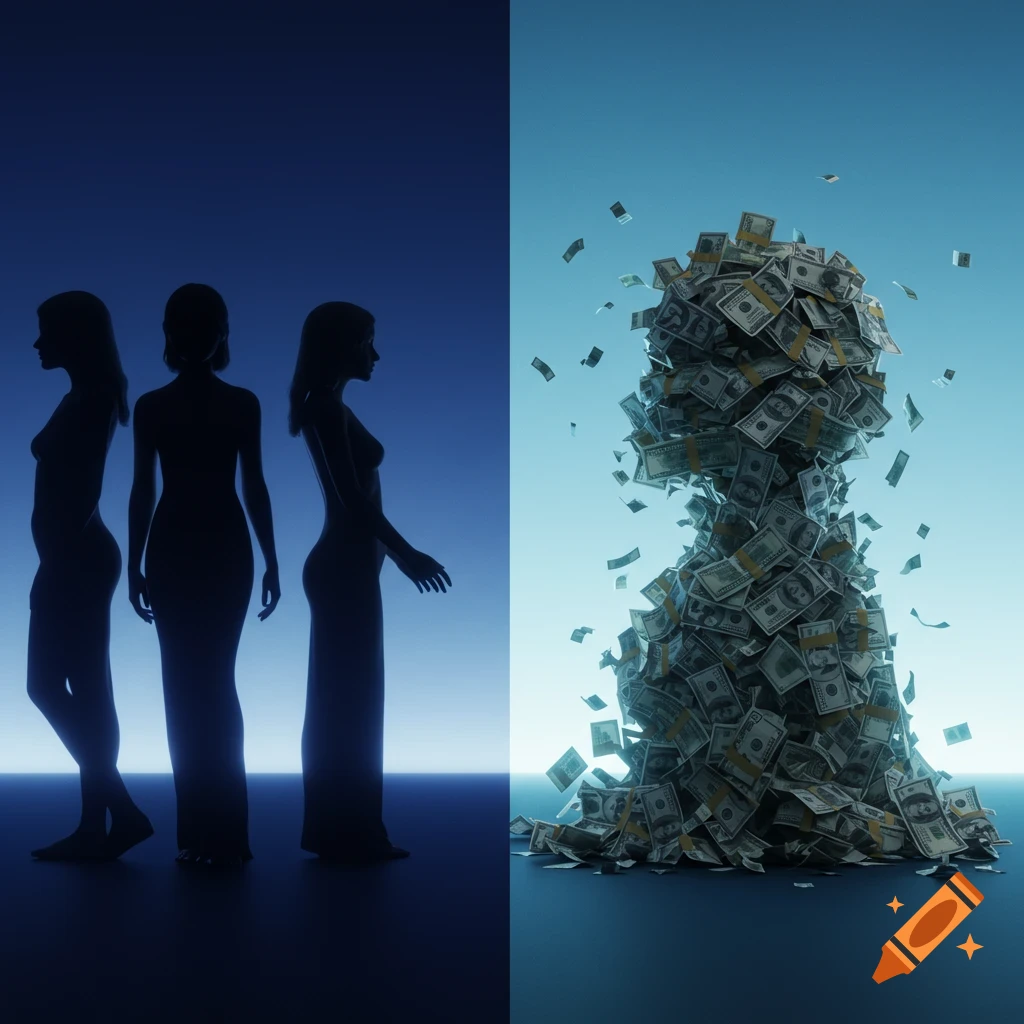 Conceptual artwork with three female silhouettes and a large pile of money forming a silhouette against a blue gradient.