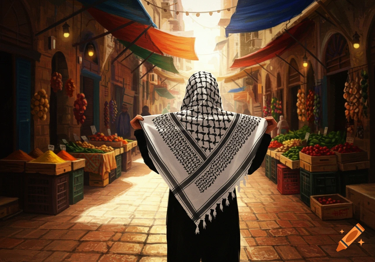 A person in a black keffiyeh stands facing away in a bustling, sunny, painterly marketplace.