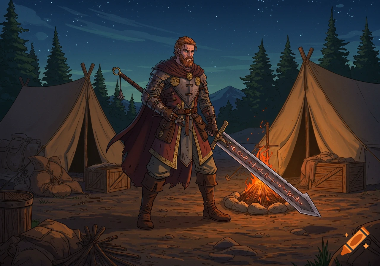 A red-bearded warrior in armor and a red cloak stands holding a large sword with glowing runes by a campfire in a forest camp at night, with tents in the background.