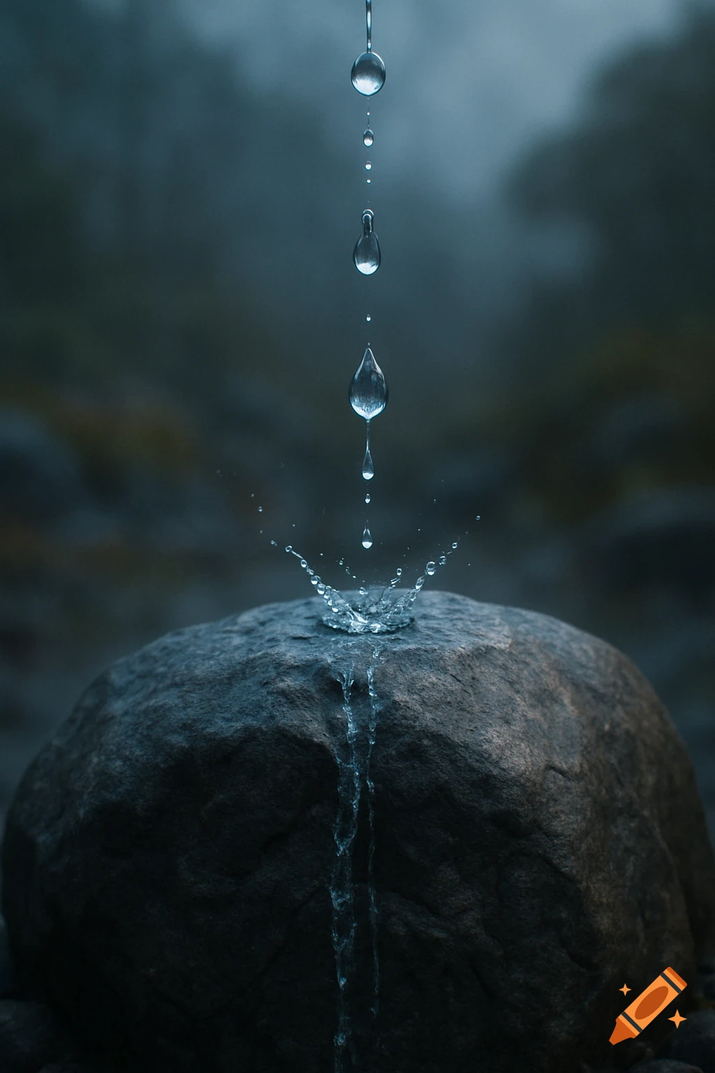 Photorealistic image of water droplets falling and splashing on a dark grey rock, with water streaming down its side.