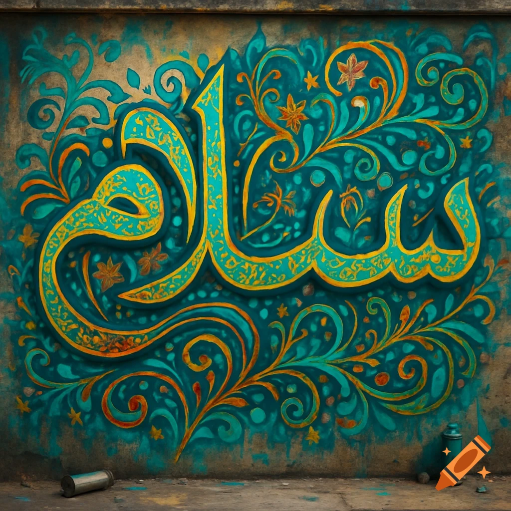 Stylized turquoise and gold Arabic calligraphy of 'salam' as graffiti on a textured wall, surrounded by floral motifs.