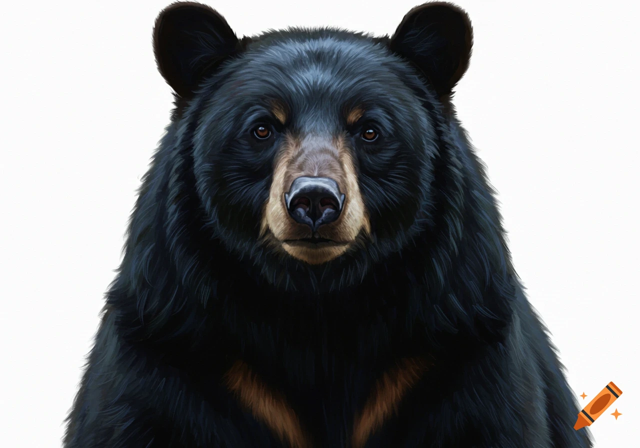 A black bear stares directly at the viewer, depicted in a painting with visible brush strokes against a white background.