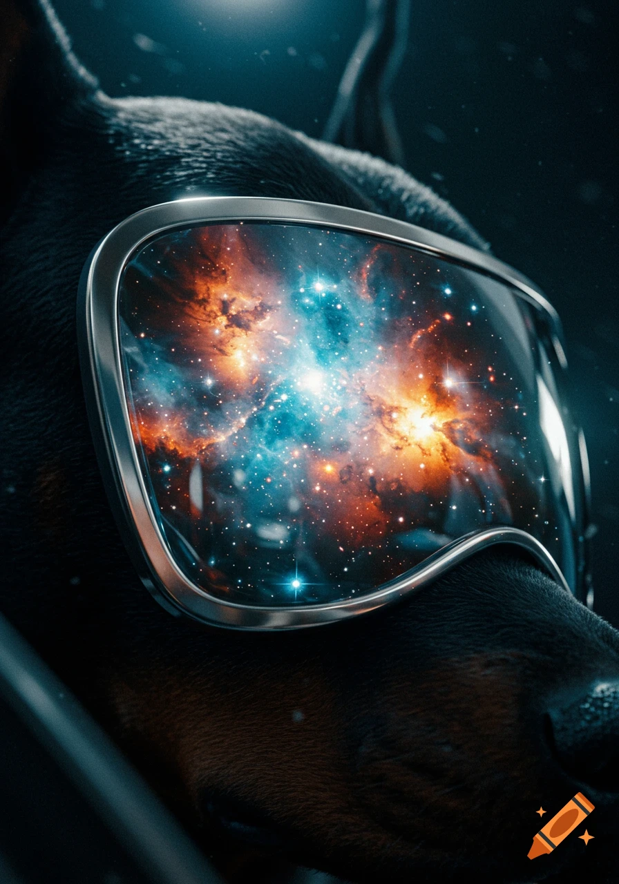 Close-up of a Doberman wearing futuristic goggles reflecting a vibrant nebula and galaxies in cinematic style.