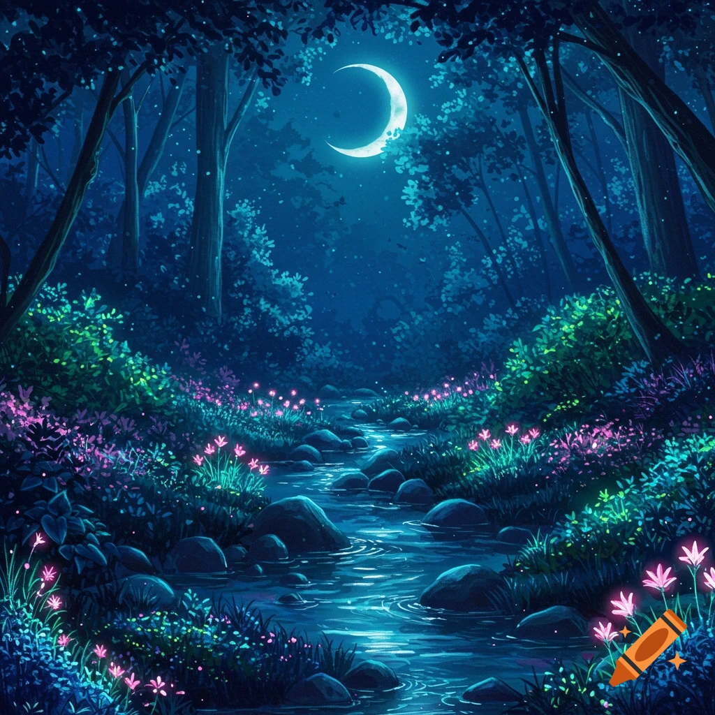 Enchanted forest at night with a glowing crescent moon, a winding stream, and luminous pink and purple flowers along its banks in an illustrative style.