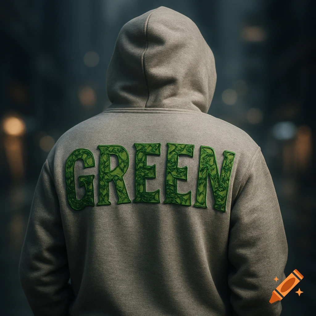 Photorealistic image of a person from behind in a gray hoodie with 'GREEN' in green camo lettering on the back.