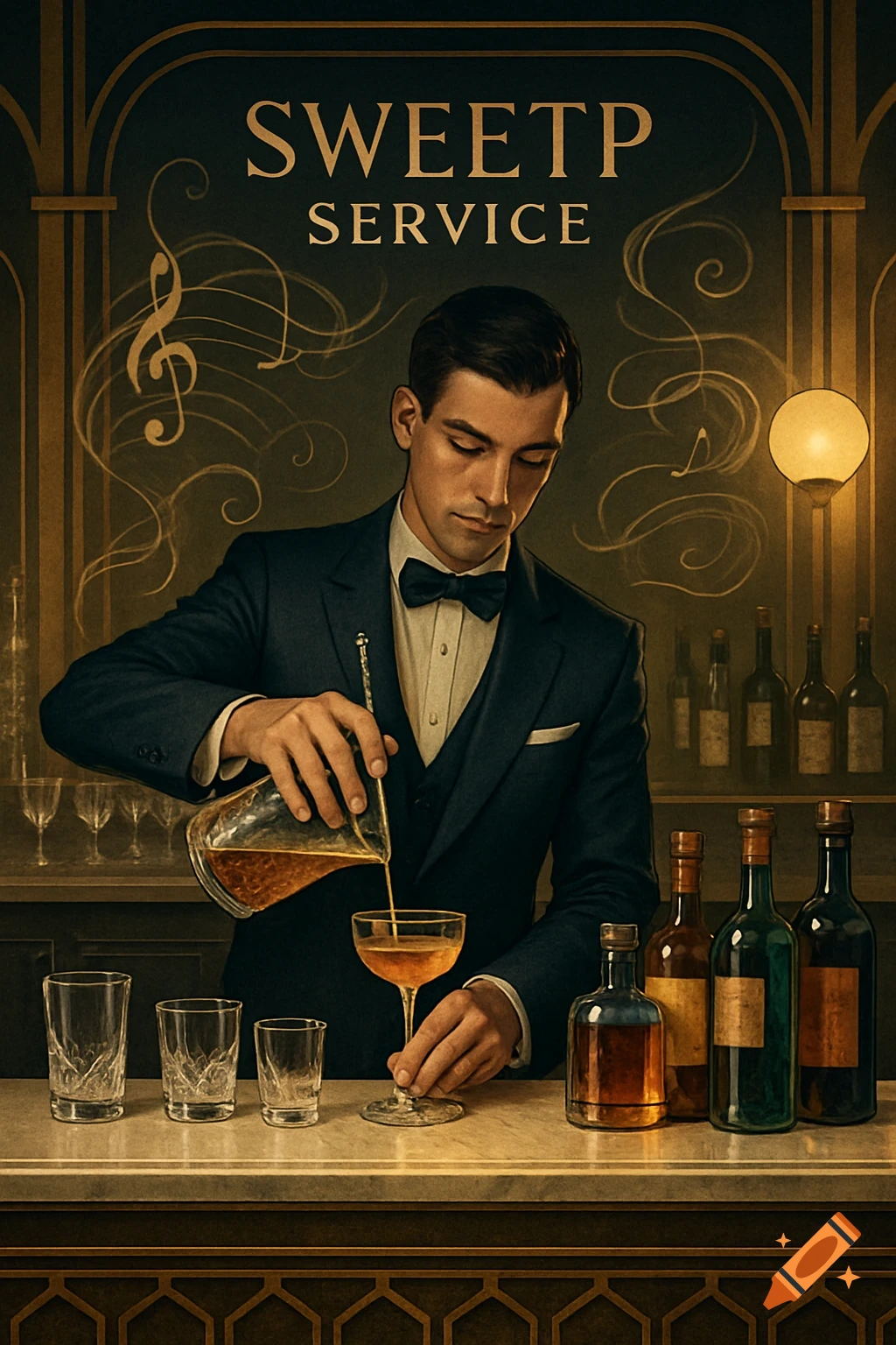 Art Deco poster of a male bartender in a suit pouring a cocktail at a bar, with 'SWEETP SERVICE' written above.
