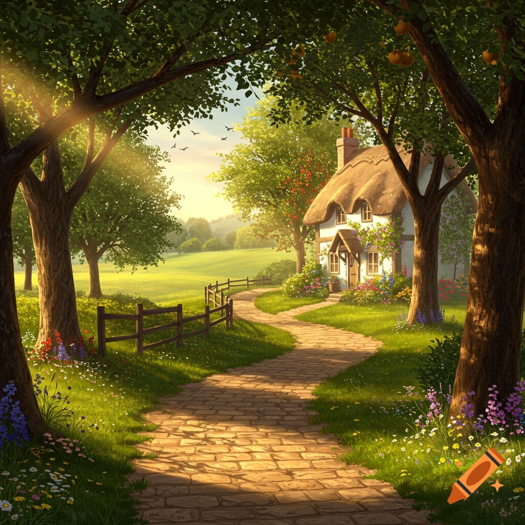 A stone path winding through sunlit green trees towards a quaint thatched-roof cottage in an idyllic countryside, storybook illustration.