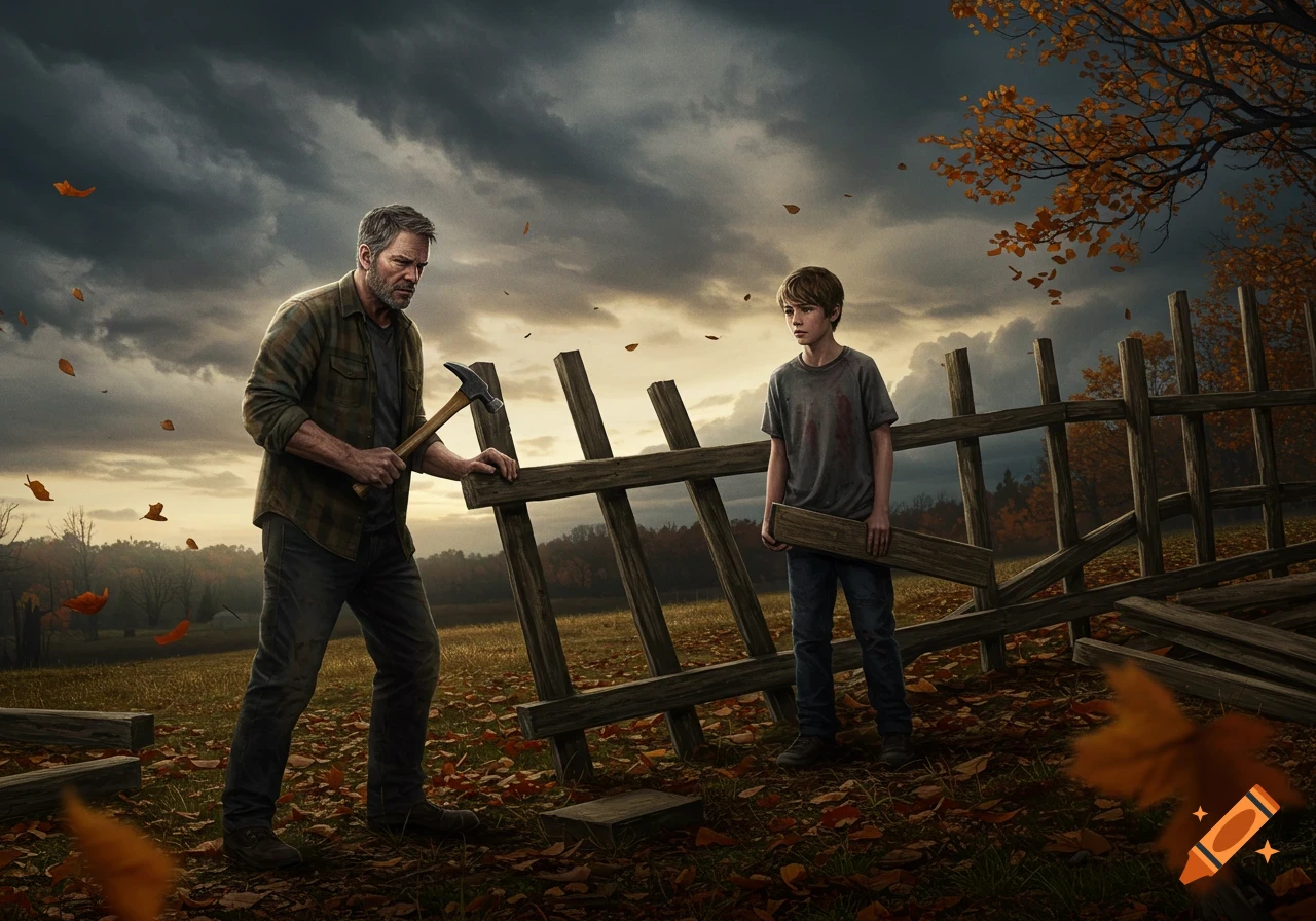 A photorealistic image of a father and son with tools, repairing a broken wooden fence in an autumn field under a dark, cloudy sky.
