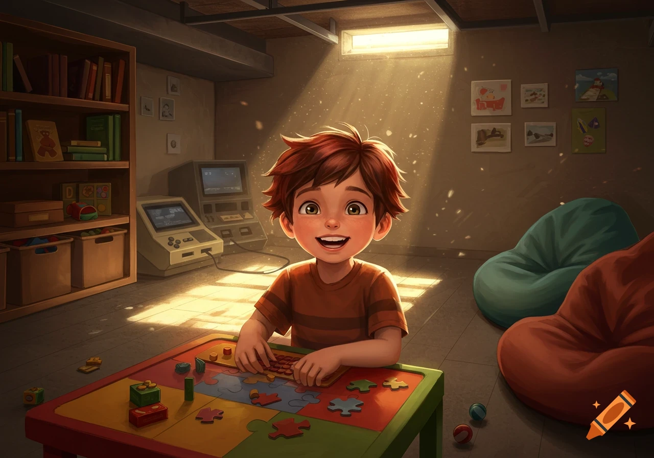 Happy cartoon boy with red hair playing a puzzle in a sunny basement with bookshelves and vintage consoles.
