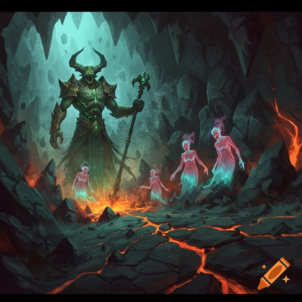 A large, horned green demon with a staff stands in a fiery cave, surrounded by glowing pink and blue ghosts.