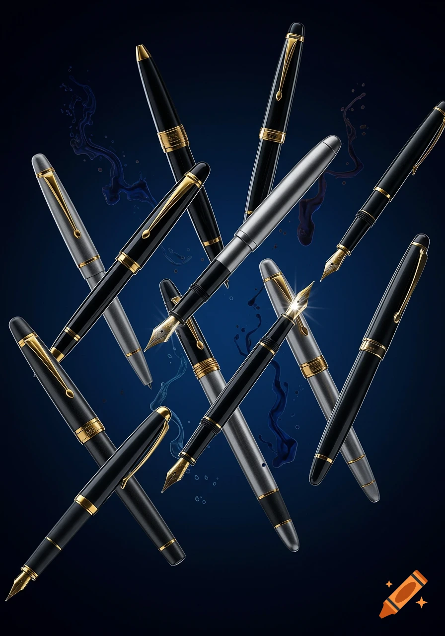 A collection of black and silver fountain pens with gold accents, some with visible nibs, amidst blue ink splatters on a dark background.