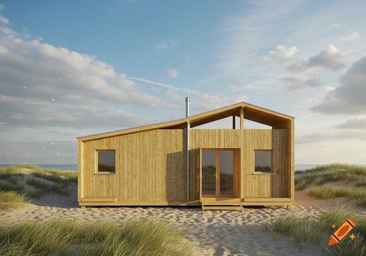 A modern wooden cabin with an angled roof sits on a sandy beach with dunes, ocean, and a partly cloudy sky.