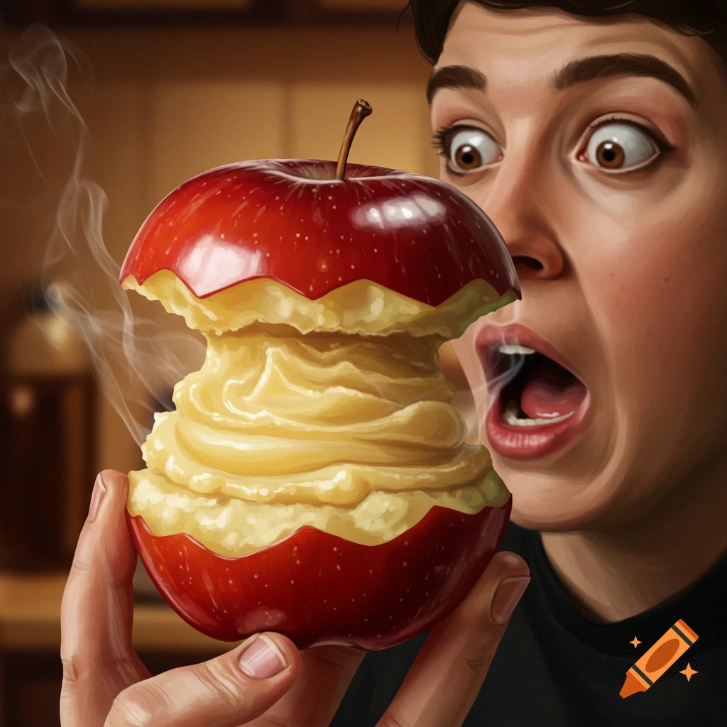 Illustrated person with a shocked expression looking at a bitten apple filled with mashed potatoes, with steam rising.
