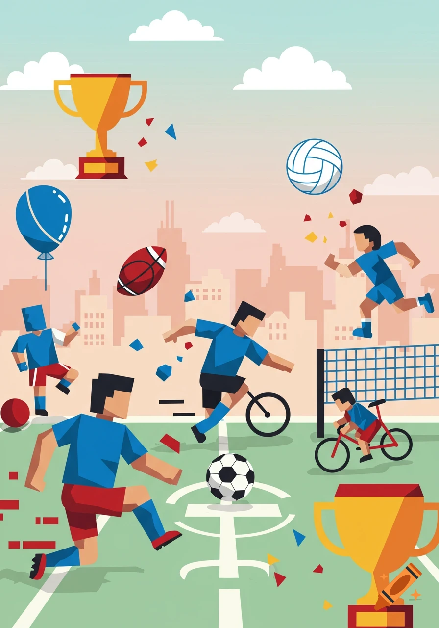 Simple, colorful blocky illustration of people playing soccer, volleyball, and cycling on a field with trophies and a city skyline.
