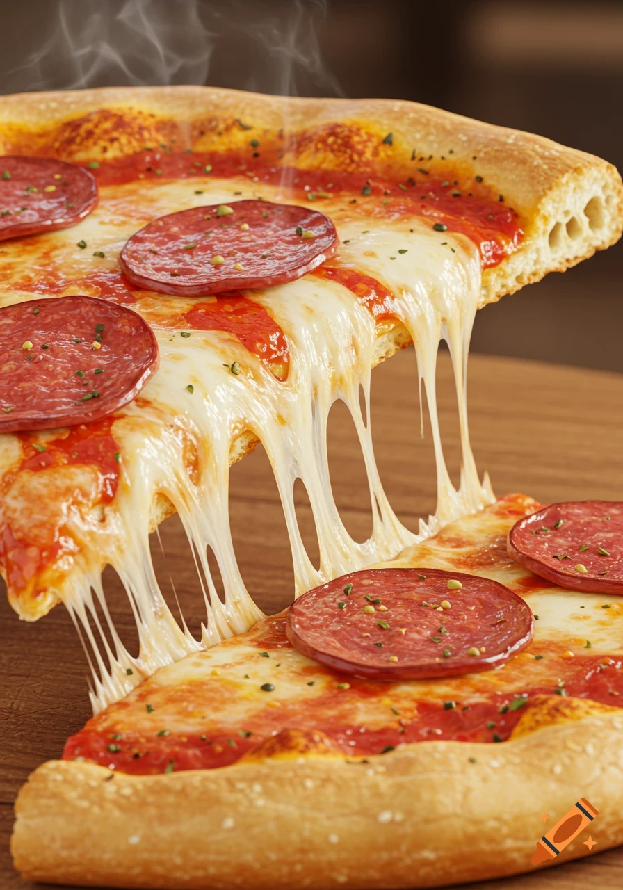 Photorealistic close-up of a steaming pepperoni pizza slice being lifted, with long strands of melted cheese stretching down.