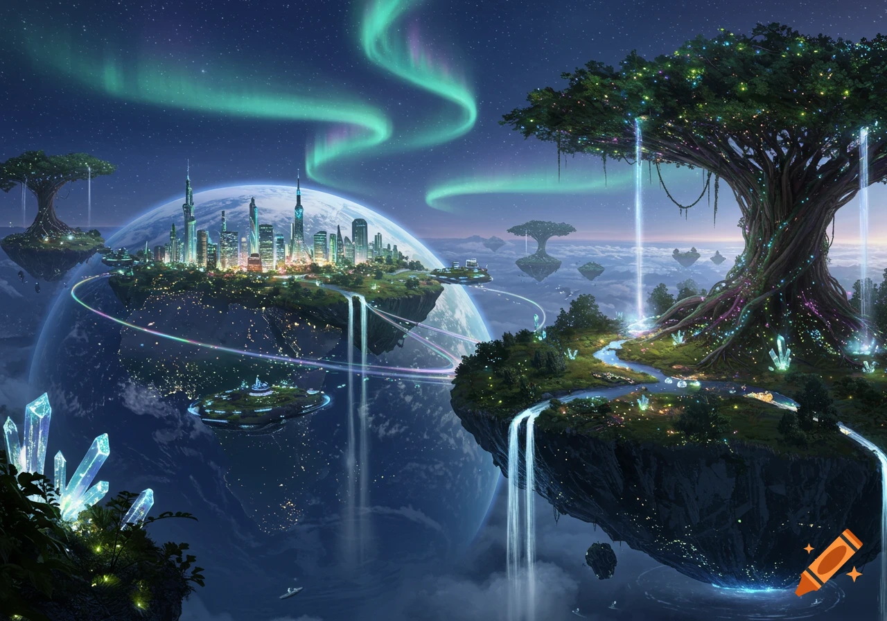 Futuristic fantasy landscape with glowing city on floating islands, giant magic trees, waterfalls, crystals, and aurora over a planet in space.