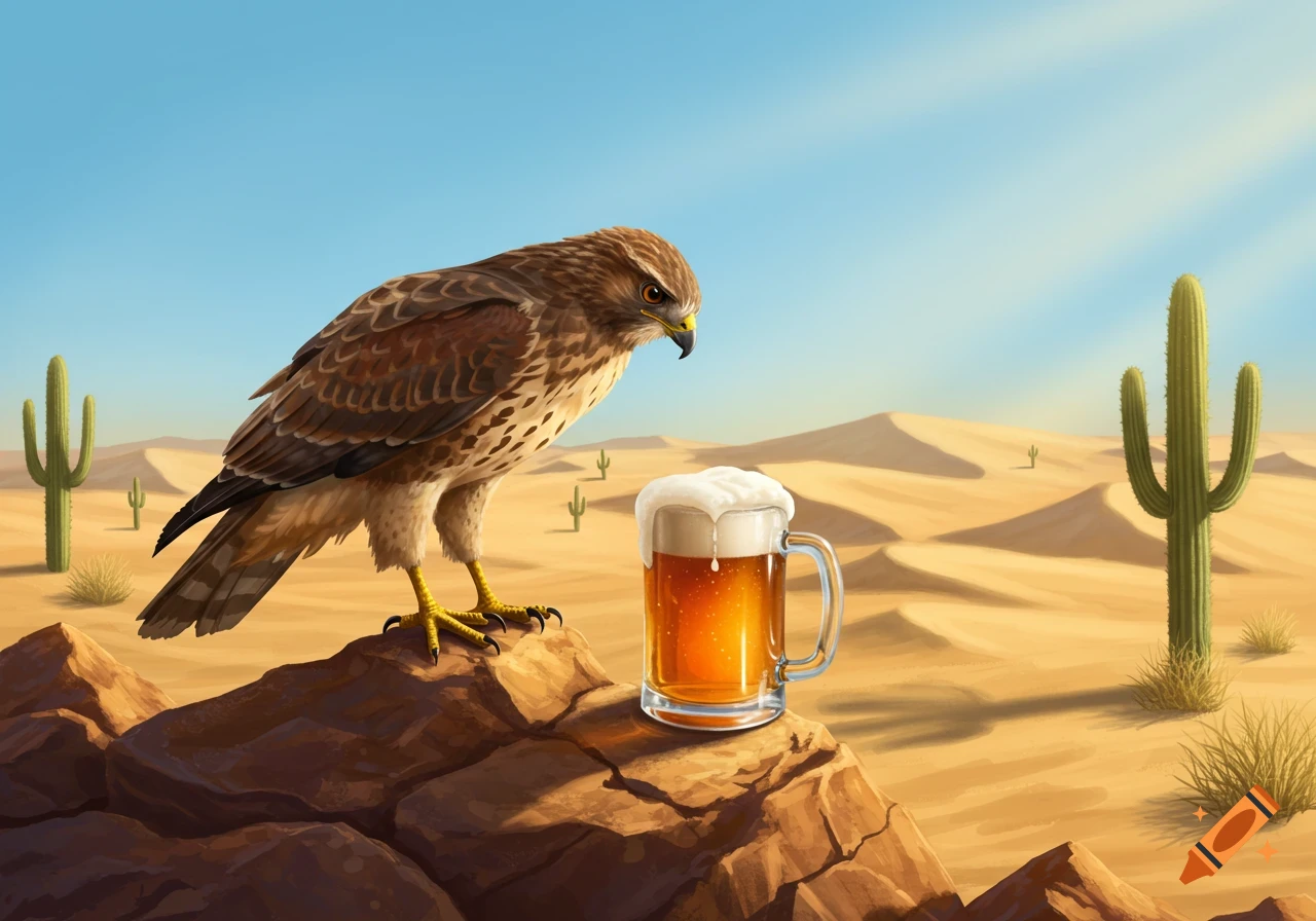 An illustration of a hawk perched on rocks in a desert, looking at a mug of beer beside it.