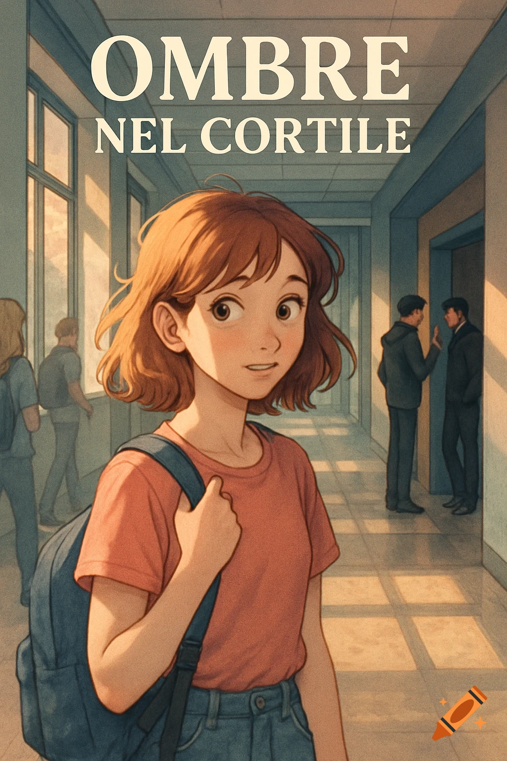 Anime illustration of a young girl with a backpack looking over her shoulder in a school hallway with other students.