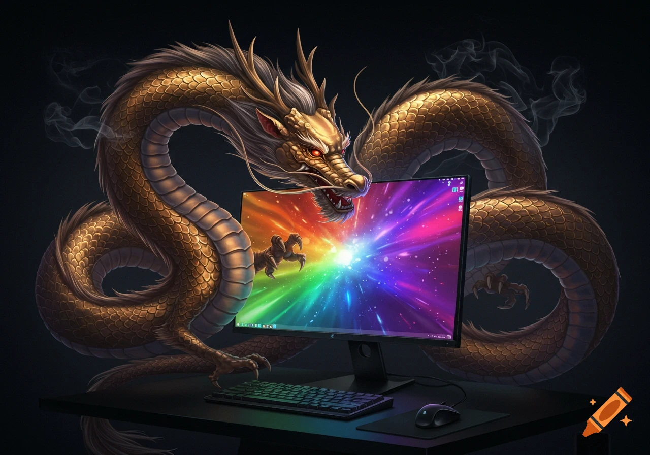 A majestic golden Chinese dragon coils around a desktop computer monitor, which displays a vibrant rainbow light burst.