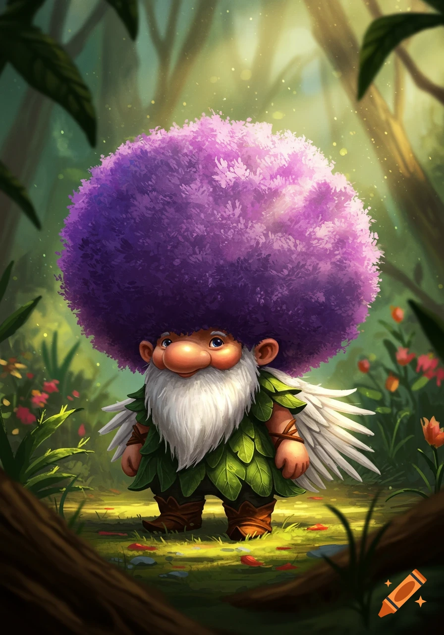 A cute, stylized gnome with a large purple afro and a white beard, wearing a leaf tunic and small white wings, standing in a sunlit forest.