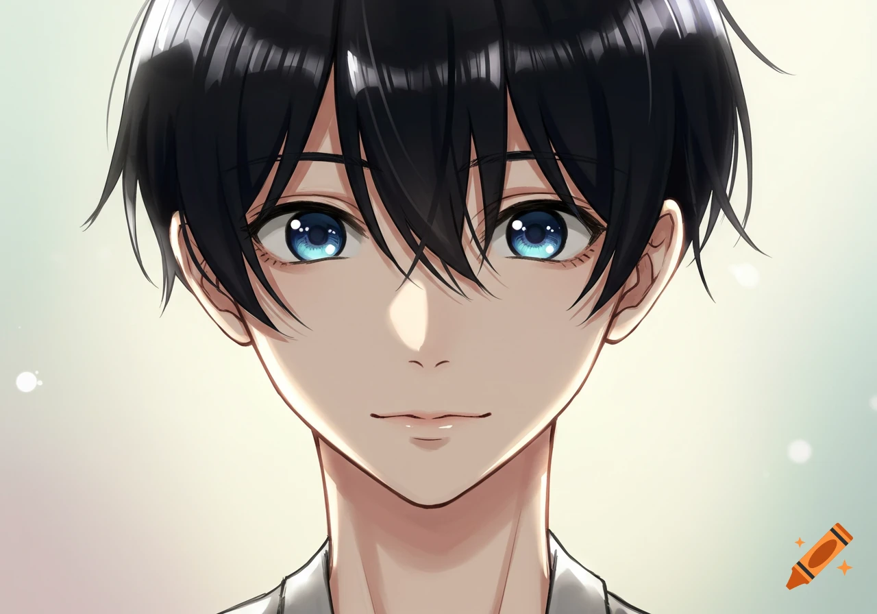 Close-up anime portrait of a young man with short black hair and bright  blue eyes, looking forward. on Craiyon, image size:1280x896