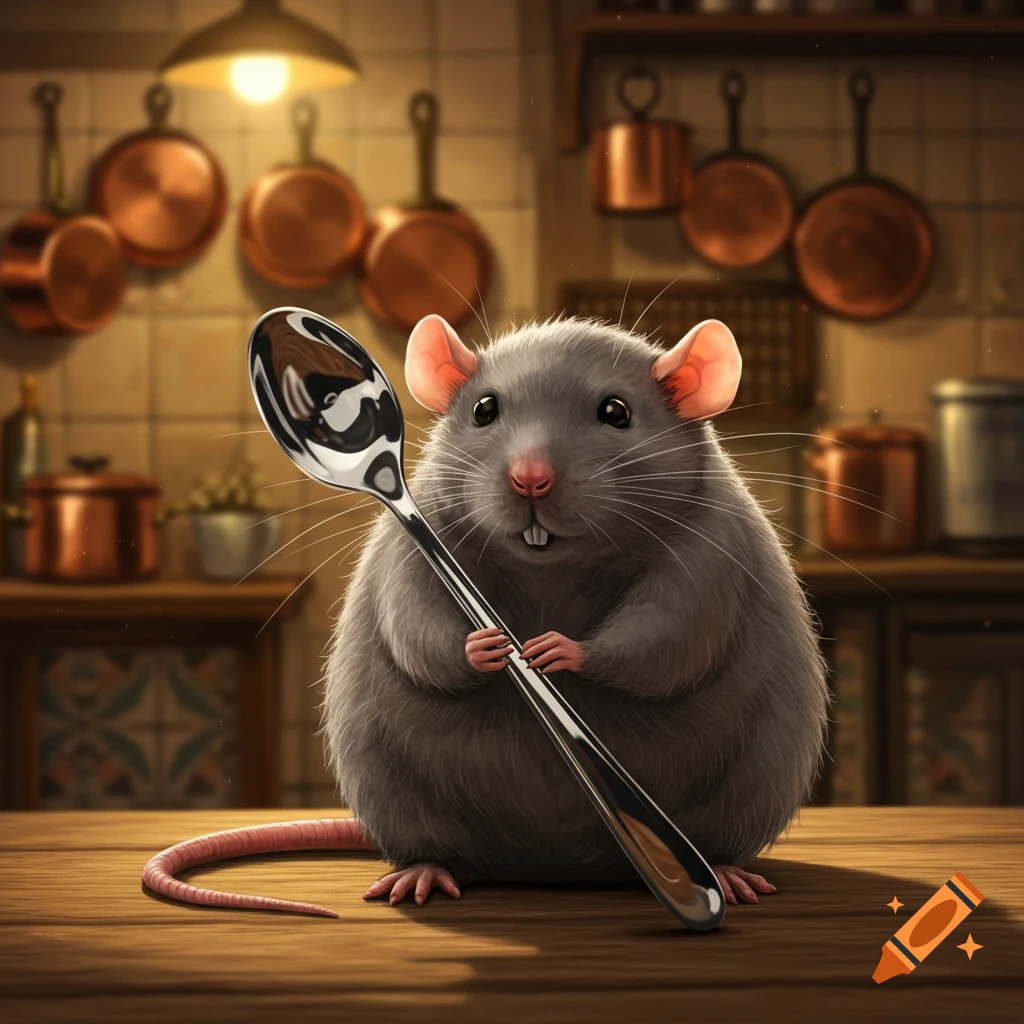 A cute, fluffy cartoon rat standing on a wooden counter, holding a silver spoon in a rustic kitchen.