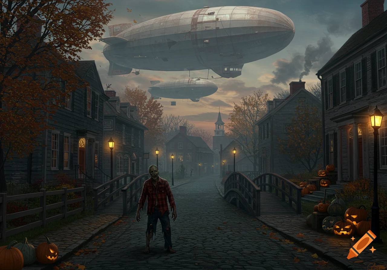 A zombie in a flannel shirt walks through a cobblestone New England village street at dusk with two large zeppelins flying overhead. Jack-o'-lanterns are on doorsteps.