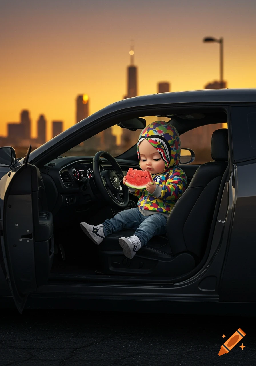 A baby in a Bape hoodie and jeans sits in the driver's seat of a black sports car, eating watermelon at sunset with a city skyline in the background.