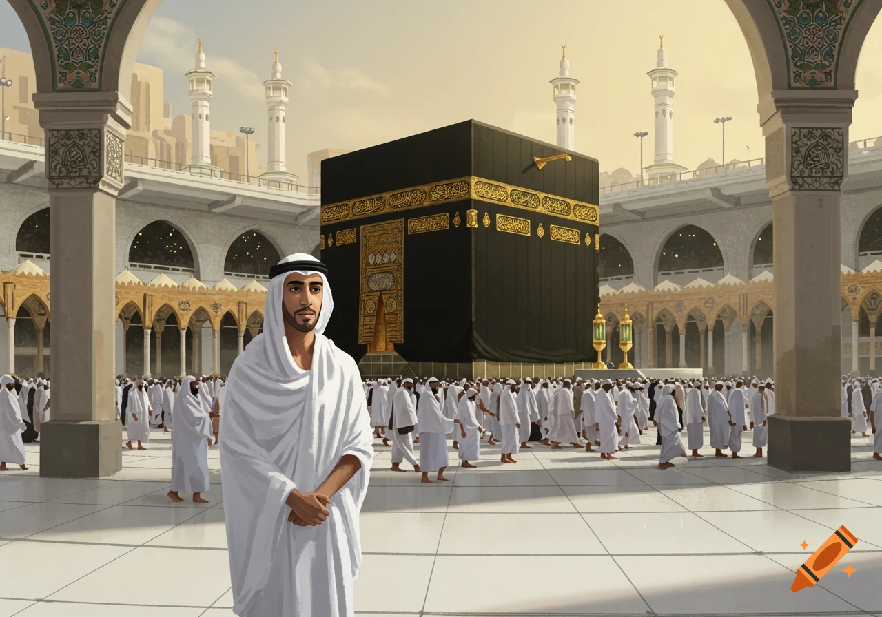 An Emirati man in white ihram attire stands in front of the black Kaaba in Mecca, surrounded by other pilgrims in an illustrative style.