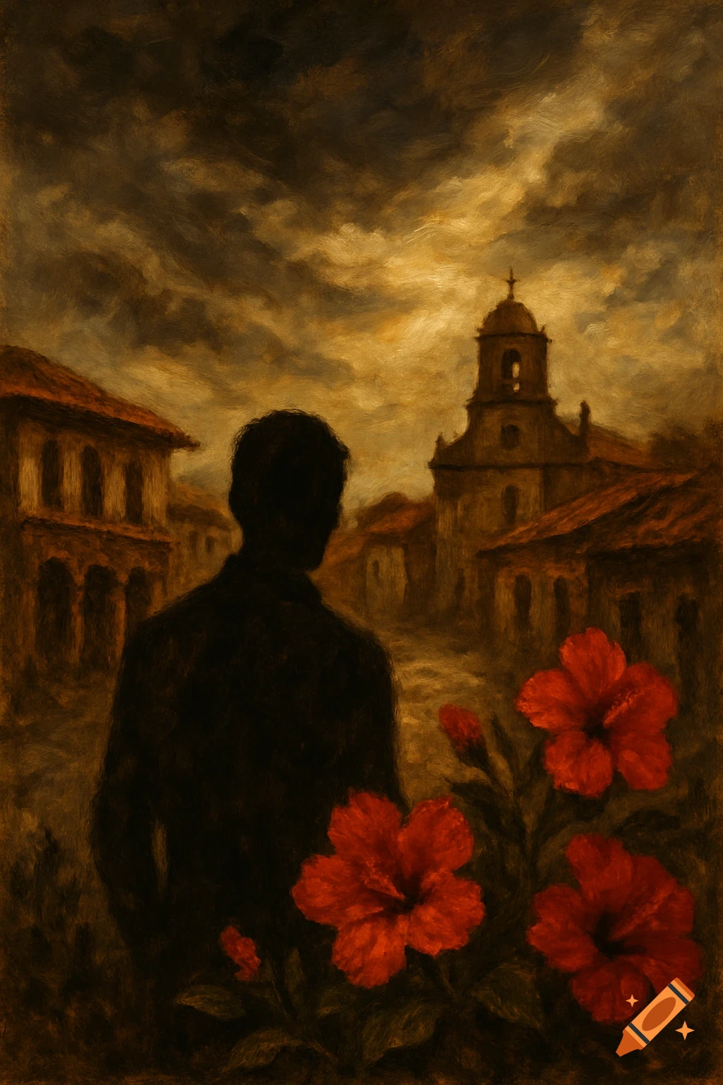 Dark, painterly image of a man's silhouette looking at an old village church under a dramatic sky, with red hibiscus flowers.