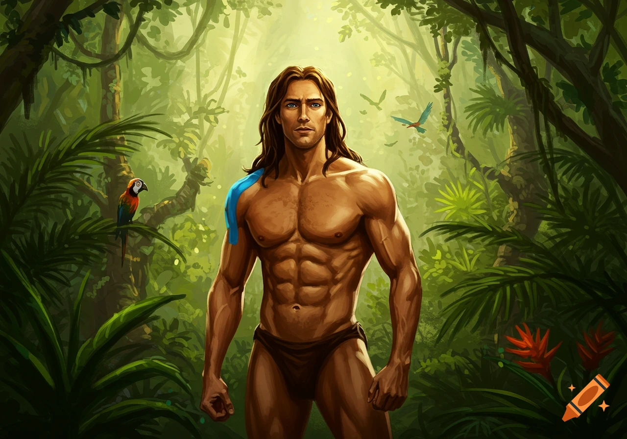 Illustrative depiction of a muscular Tarzan-like man with blue tape on his shoulder, standing in a sunlit, lush jungle with parrots.