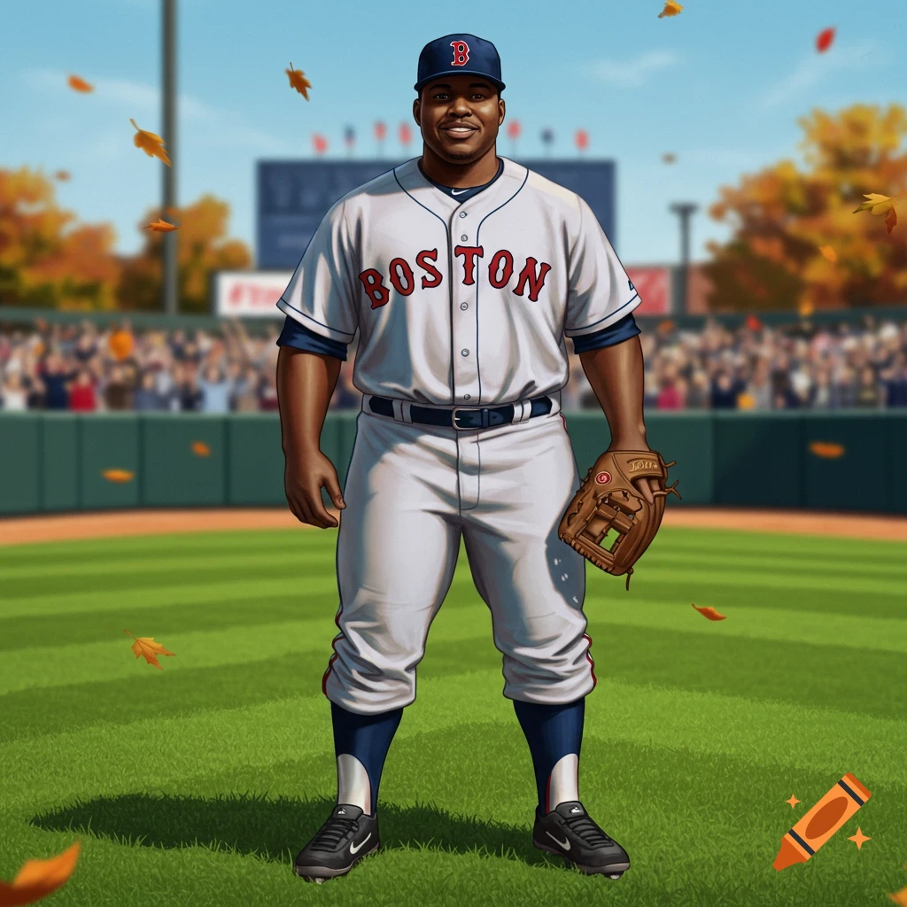 An illustration of a dark-skinned baseball player in a white 'BOSTON' uniform, cap, and glove on a fall baseball field.