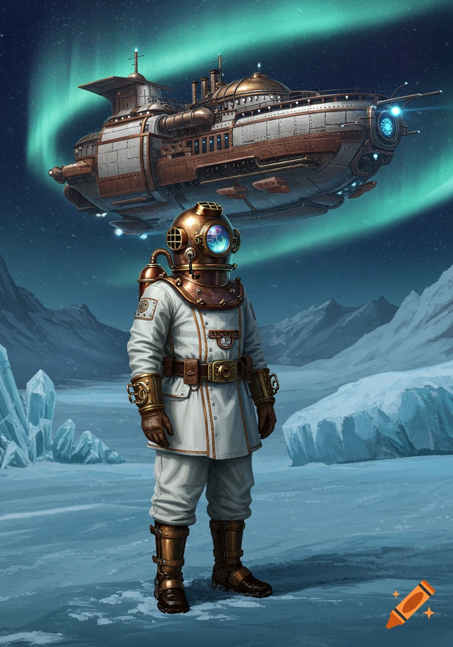 A steampunk space explorer in a white suit and copper helmet stands on an ice planet as a steampunk spaceship hovers under the aurora borealis.