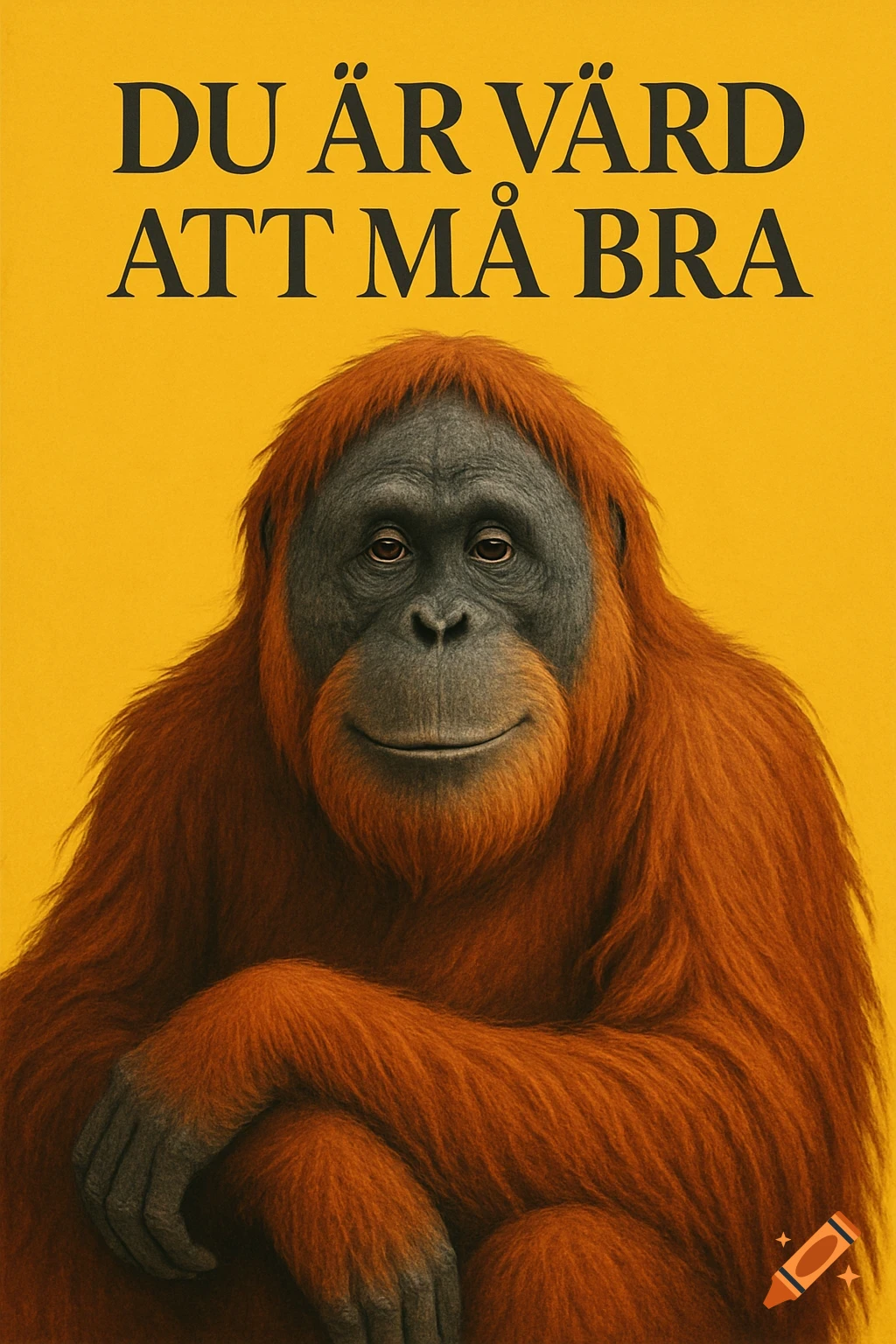 A smiling orangutan with reddish-brown fur and a grey face sits against a bright yellow background. Above it, black text reads 'DU ÄR VÄRD ATT MÅ BRA' (You are worth feeling good).
