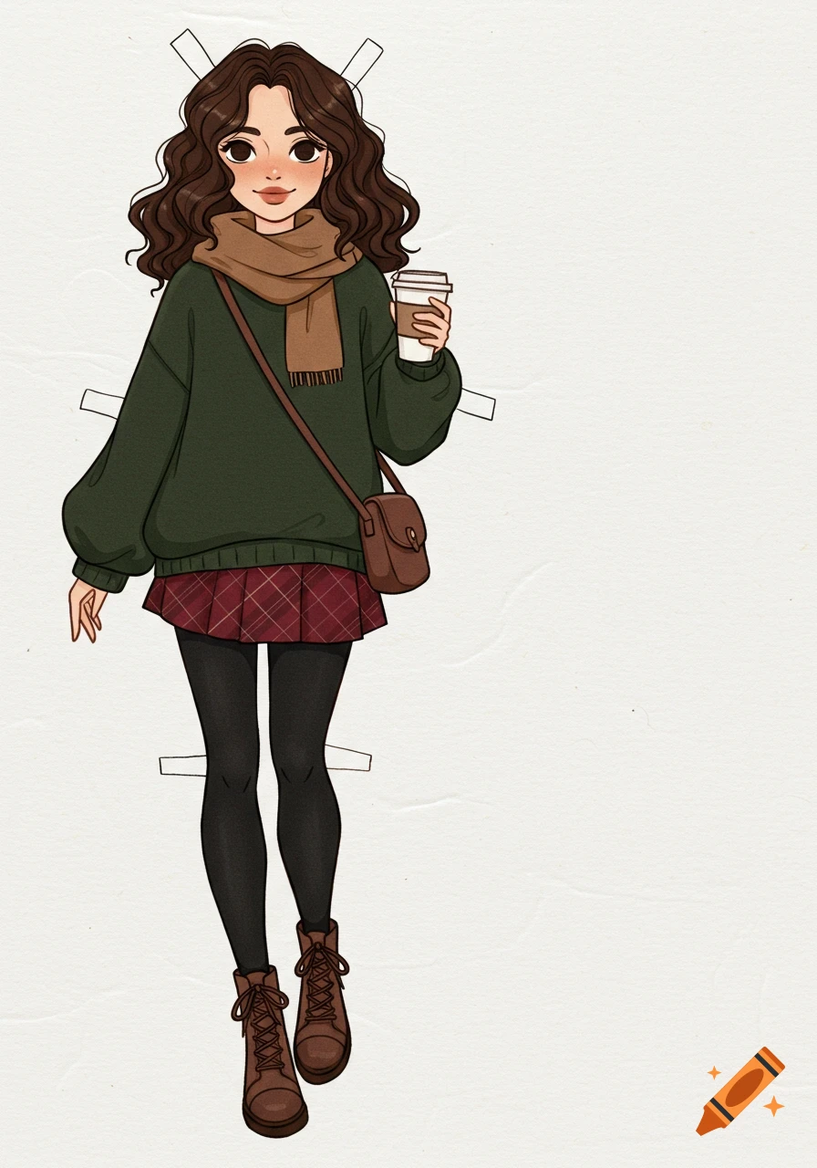 Paper doll of a smiling girl with wavy brown hair, wearing a green sweater, plaid skirt, black tights, brown boots, and holding coffee.