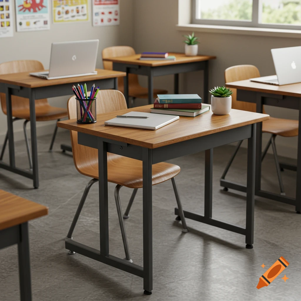 Photorealistic classroom scene with modern wooden student desks and chairs, some holding laptops, books, and potted plants.