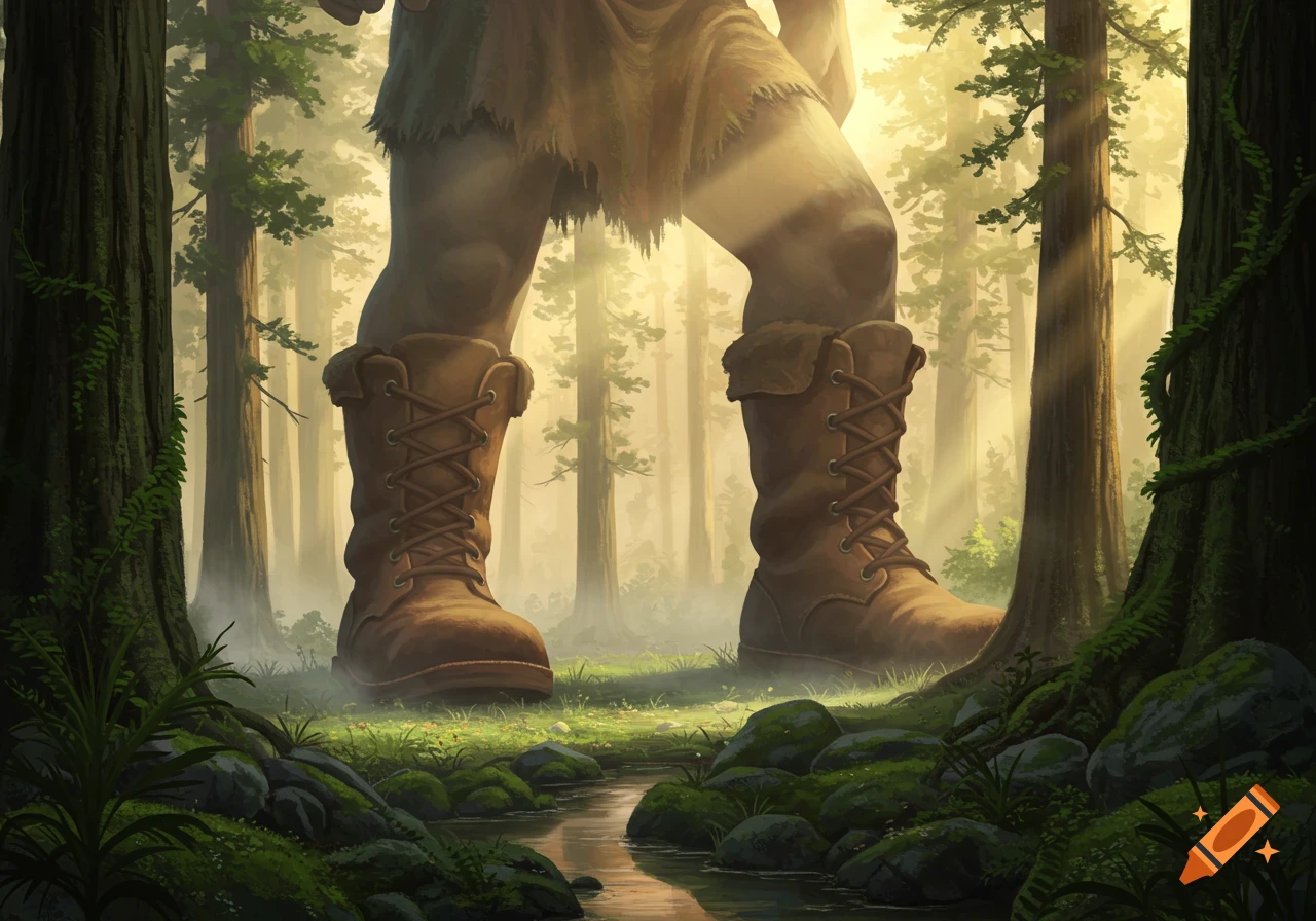A giant wearing brown boots walks through a sun-dappled forest with a small stream in the foreground.